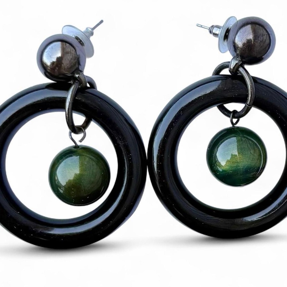 Black and Green Drop Hoop Earrings